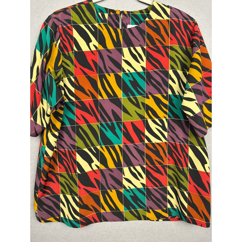 Yves St. Clair Blouse Womens 16 Short Sleeve Zebra Print Patchwork Grid Pattern